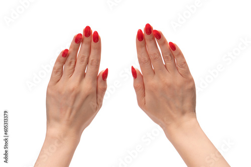 Woman hands with red nails shows frame symbol isolated on white background.