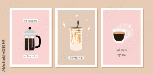 Set of funny contemporary prints with french press pot, ice coffee takeaway and espresso. Kitchen wall art poster with text. Alternative coffee brewing methods. Trendy vector flat style illustration.