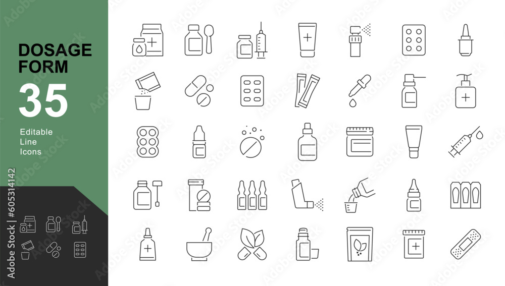 Dosage Form Line Editable Icons set. Vector illustration in modern thin line style of types of drugs. Pictograms and infographics for mobile app Dosage Form Line Editable Icons set. Vector illustration in modern thin line style of types of drugs. Pictograms and infographics for mobile app