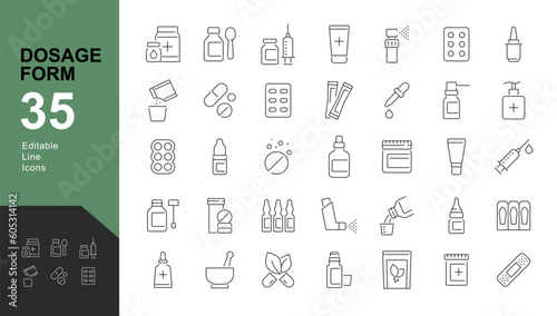 Dosage Form Line Editable Icons set. Vector illustration in modern thin line style of types of drugs. Pictograms and infographics for mobile app photo