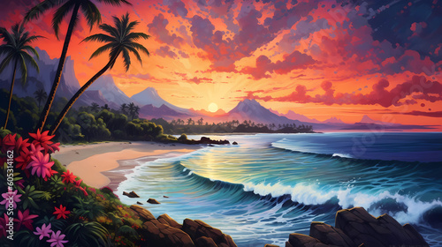 Obraz na płótnie Illustration of a beautiful view of Hawaii, USA w salonie