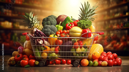 shopping trolley full with vegetables and fruits in supermarket  Generative AI