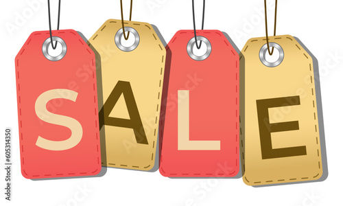 Hanging sales tags. Sale tags. Concept of discount shopping. Vector illustration