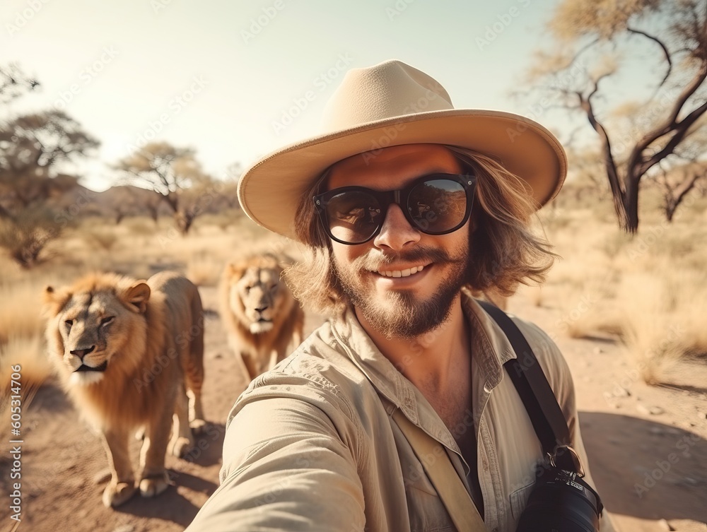 Urlaub in Afrika, glückliche Mann mit Selfie am Löwe, generative AI.