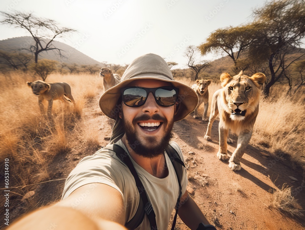 Urlaub in Afrika, glückliche Mann mit Selfie am Löwe, generative AI. - obrazy, fototapety, plakaty 