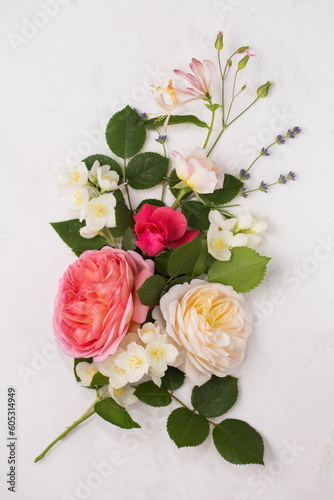 A composition of English roses on a light background