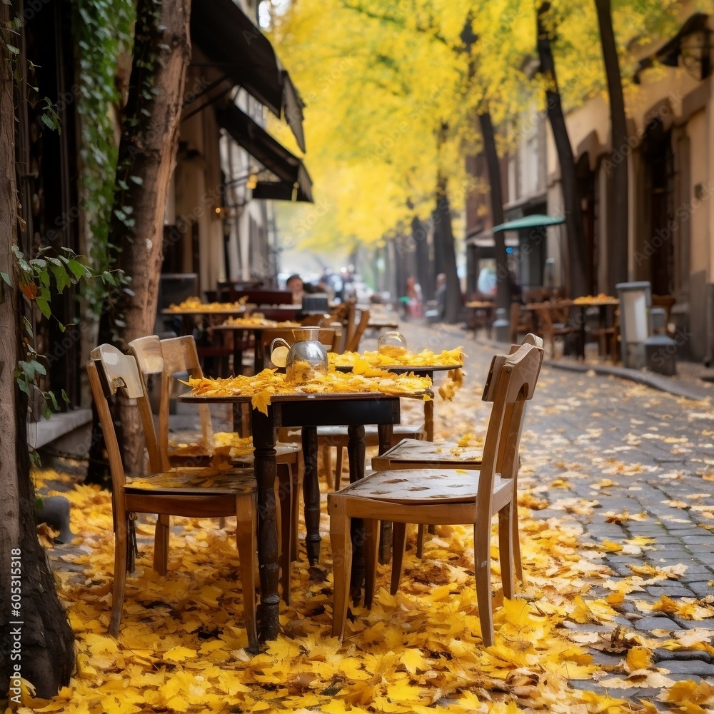 Yellow Leaves Fallen Street Cafe Table Setting. Generative AI
