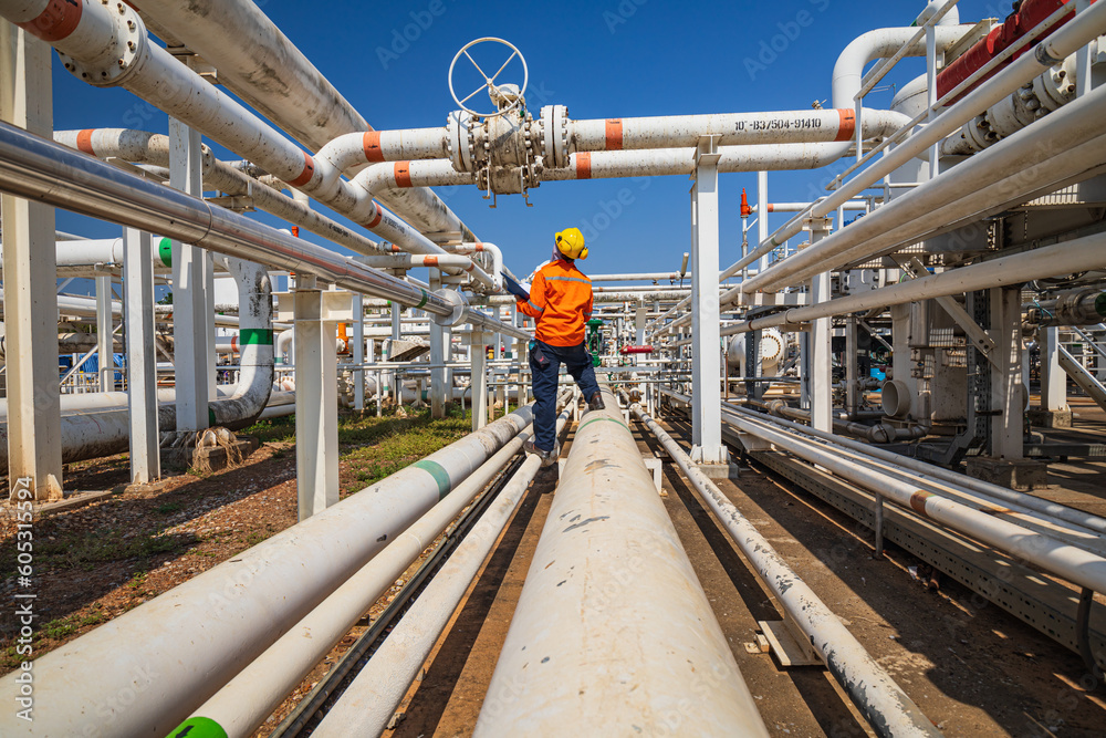 Male worker inspection at valve of visual check record pipeline oil and gas