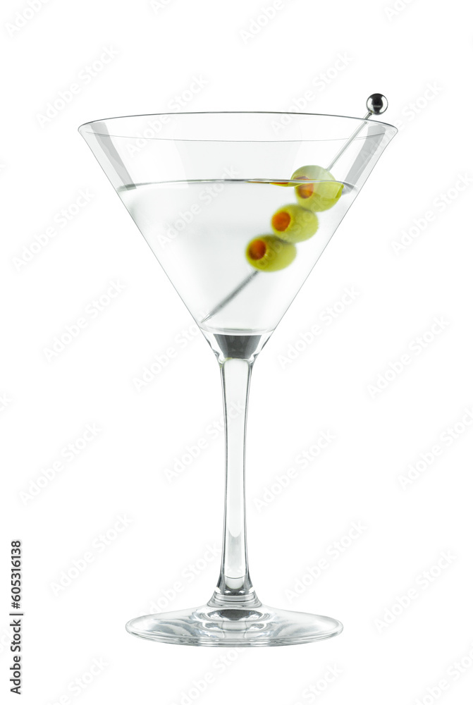 Chilled Shaken Martini Cocktail Drink with Green Olive Garnish in Glass Isolated on White Background