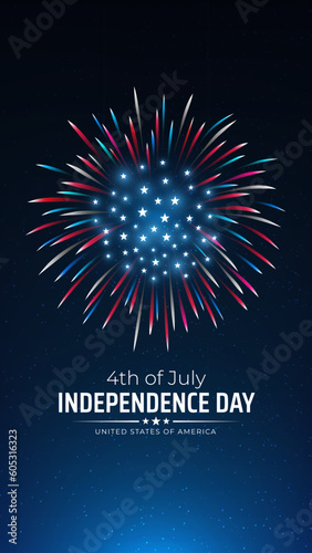 Banner 4th of july usa independence day, template with american colorful fireworks on dark sky background. Fourth of july, USA national holiday. Fireworks US flag. Vector illustration, poster