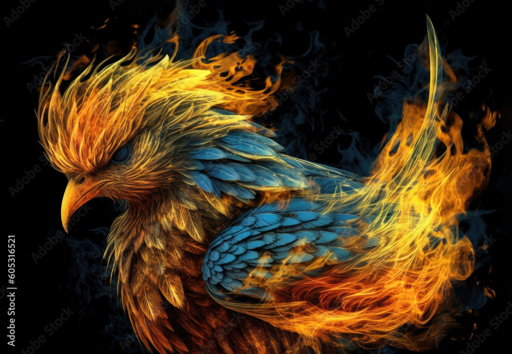 Fantastic bird phoenix in fiery flames on dark. AI generated Fantastic bird phoenix in fiery flames on dark. AI generated
