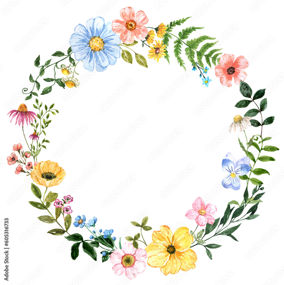 Circle wildflower wreath. Watercolor botanical frame featuring summer field flowers and greenery. Whimsical style painting. PNG clipart. Circle wildflower wreath. Watercolor botanical frame featuring summer field flowers and greenery. Whimsical style painting. PNG clipart.