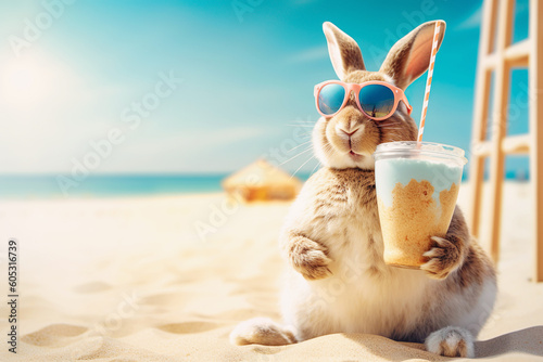 AI generated image of rabbit with drink on the beach Generative AI