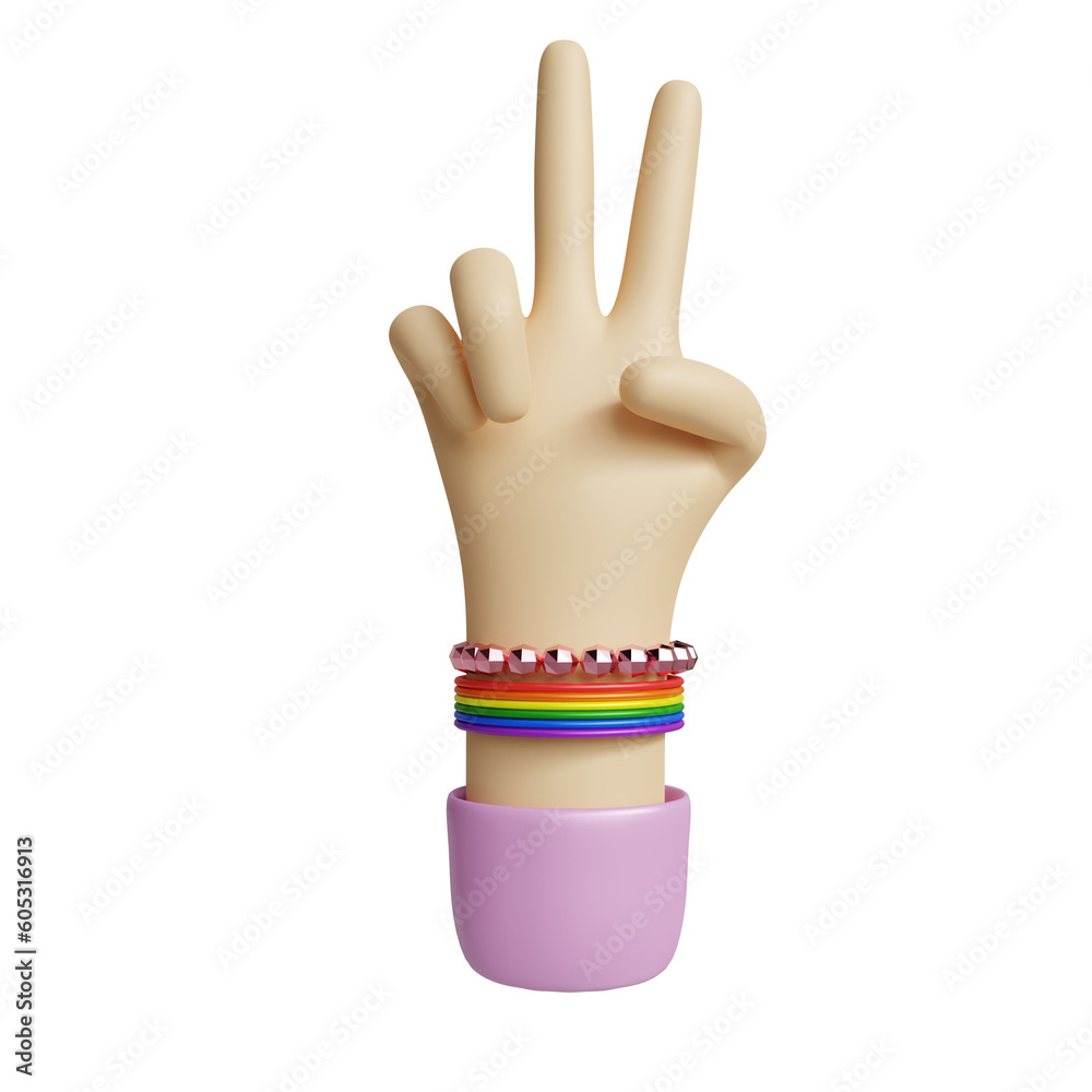 3D white female hand with two fingers up isolated. Peace out. Theme for LGBTQIA+ pride month 3D white female hand with two fingers up isolated. Peace out. Theme for LGBTQIA+ pride month