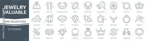 Jewelry and valuable linear signed icon collection. Signed thin line icons collection. Set of jewelry and valuable simple outline icons photo