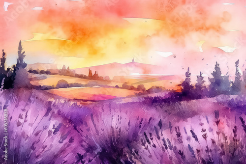 Watercolor field of lavender flowers with a rural Provencal house in Provence, AI