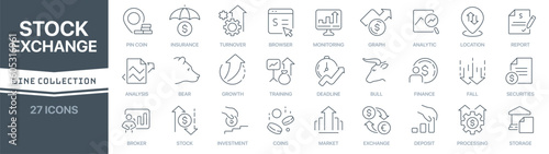 Stock exchange linear signed icon collection. Signed thin line icons collection. Set of stock exchange simple outline icons
