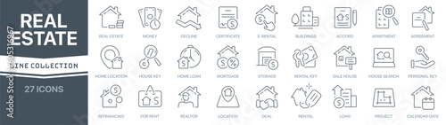 Real estate linear signed icon collection. Signed thin line icons collection. Set of real estate simple outline icons