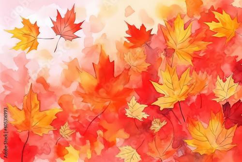 Beautiful seamless autumn pattern with watercolor colorful maple leaves. AI