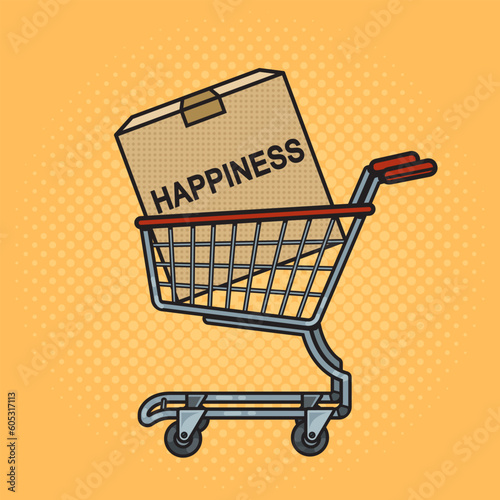 Shopping cart with box of happiness pinup pop art retro vector illustration. Comic book style imitation.