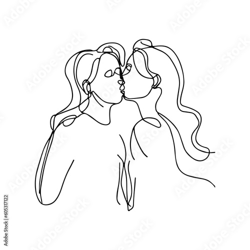 Vector illustration. One line art. Two girls are kissing. Lgbt couple.