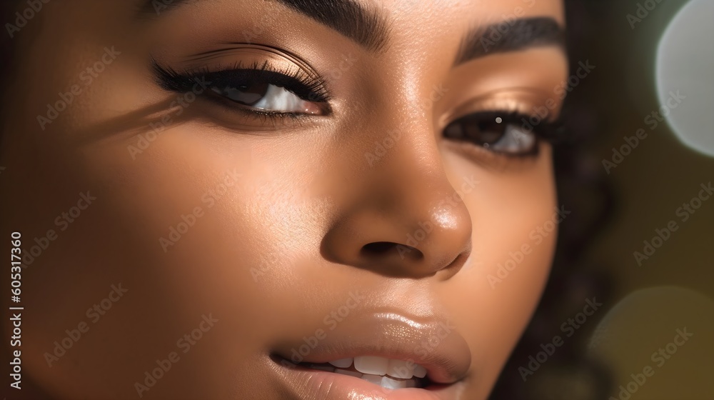 Close-up portrait of handsome young African woman, wearing make up, eyeliner, lipstick, pastel colors, clear dark skin, modern, skin care, sunlight from the window, bokeh background, AI Generated. Close-up portrait of handsome young African woman, wearing make up, eyeliner, lipstick, pastel colors, clear dark skin, modern, skin care, sunlight from the window, bokeh background, AI Generated.