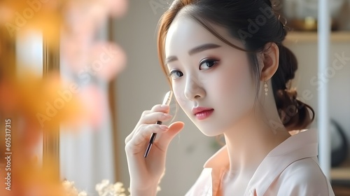 Close-up portrait of handsome young Asian woman, applying make up, holding a brush, pastel colors, clear pale skin, modern, self care, sunlight from the window, bokeh background, AI Generated.