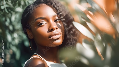 Close-up portrait of handsome young African American woman  model  wearing natural make up  standing in a garden  nature  clear dark skin  modern  skin care  sunlight  bokeh background  AI Generated.