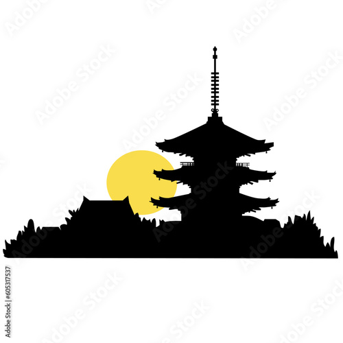 日本のお寺の五重塔のイラスト素材　シエルエット　ベクター