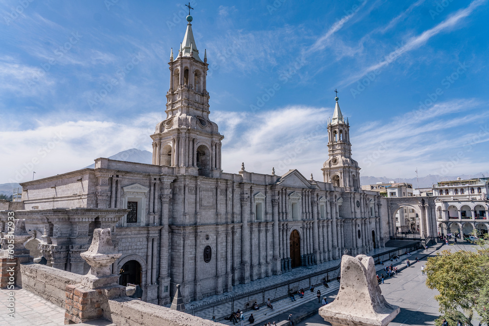 cathedral of Arequipa (white city) peru in full sun 