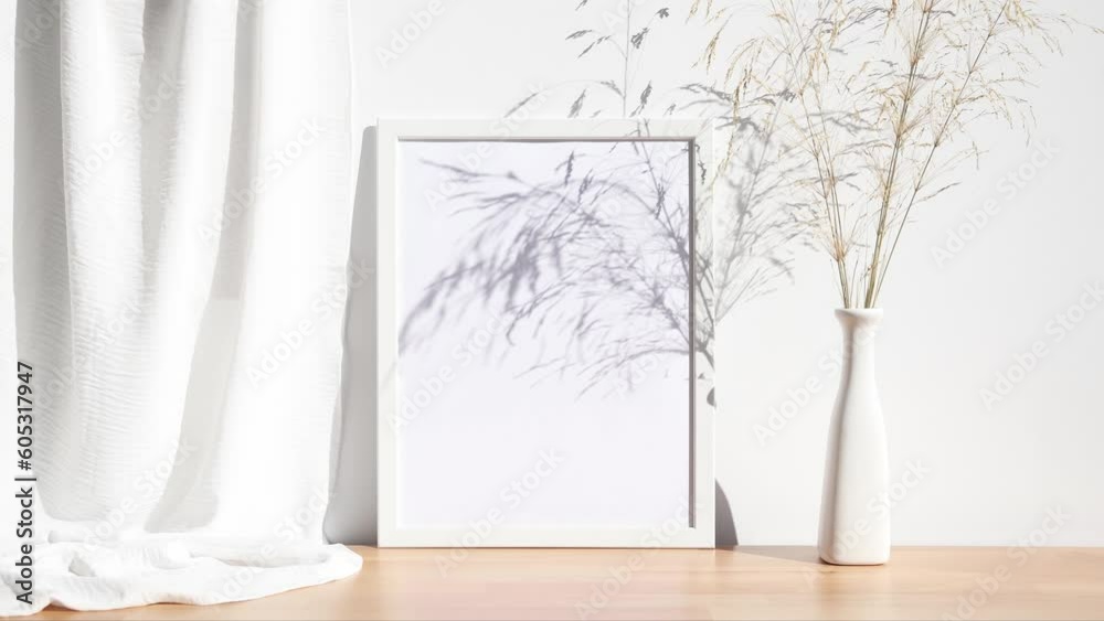 Video white 3x4 photo frame mockup with white vase on wooden table