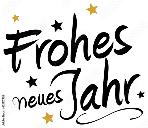 Frohes Neues Jahr. Kalligrafischer Gruß Vektor in schwarz und Gold. Isolierter Hintergrund.
Frohes Neues Jahr ist Happy New Year in Englisch.
Für Hintergründe, Kalender, Einladungen, Grußkarten etc.