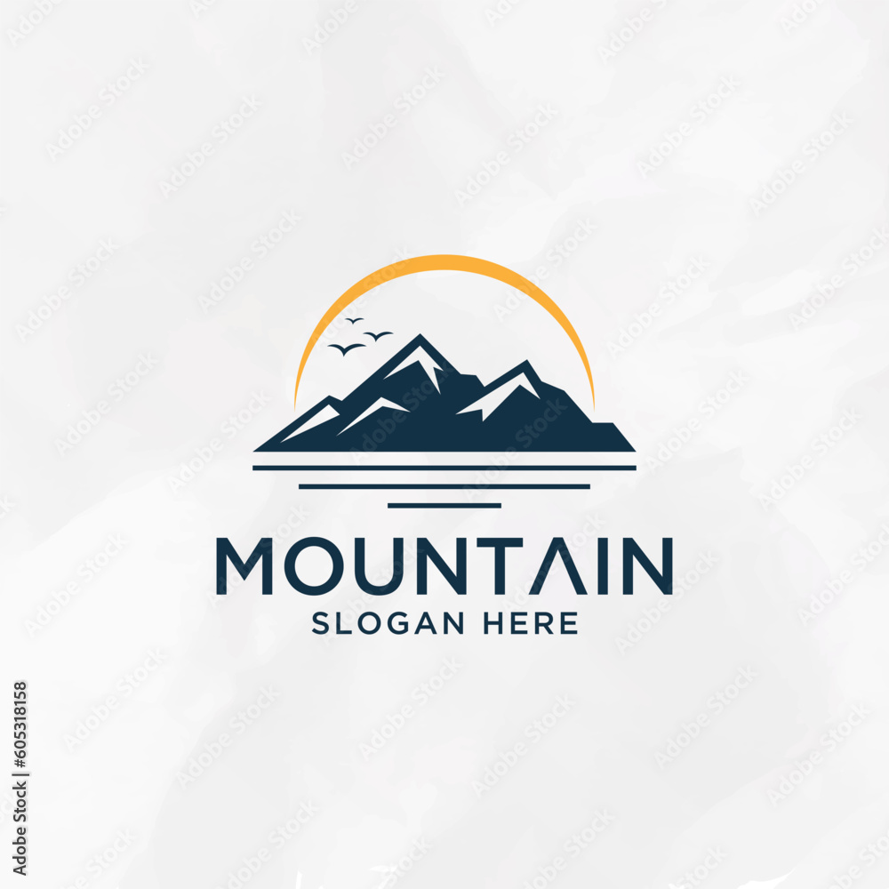 Landscape Hills minimalist, Mountain logo and river vector template.