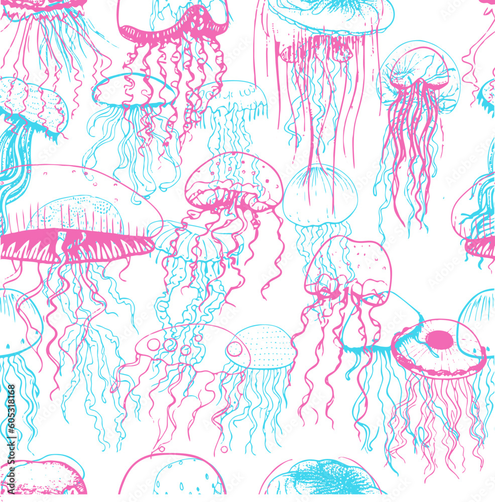 Jellyfish. Vector seamless pattern. Trending illustrations for t-shirt prints, posters, labels, music covers.
