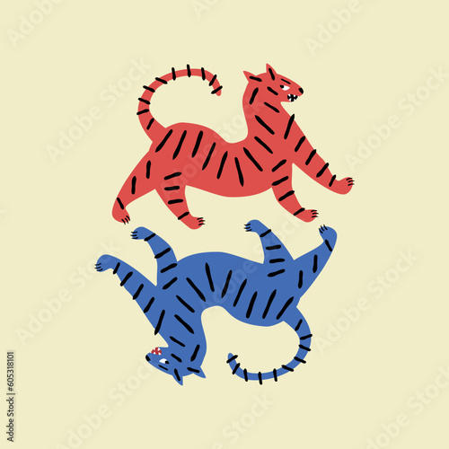 Asian colorful tigers hand drawn vector illustration. Isolated mythology cat in flat style for kids poster or logo.