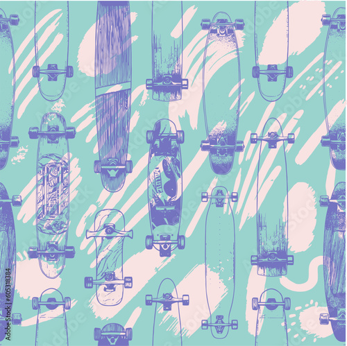 Skateboards and longboards.Vector seamless pattern. Trending illustrations for t-shirt prints, posters, labels, music covers.