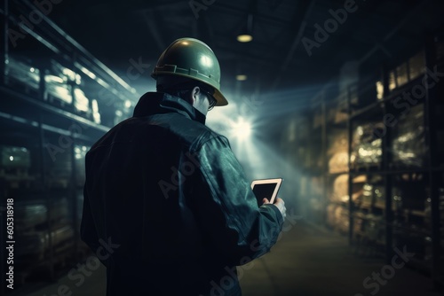 Warehouse stock engineer ensures accurate goods check-in using barcode scanner. Logistics for transportation and distribution. Stock manager manages operations with laptop. AI-generated.
