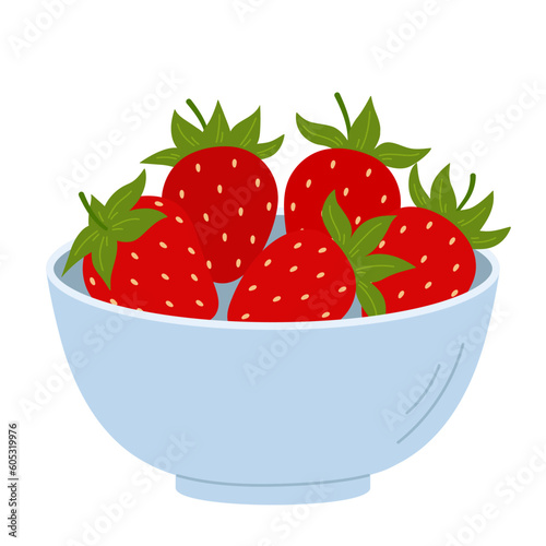 Strawberry in bowl. Ripe red berries in deep dish. Flat cartoon vector illustration isolated on a white background.
