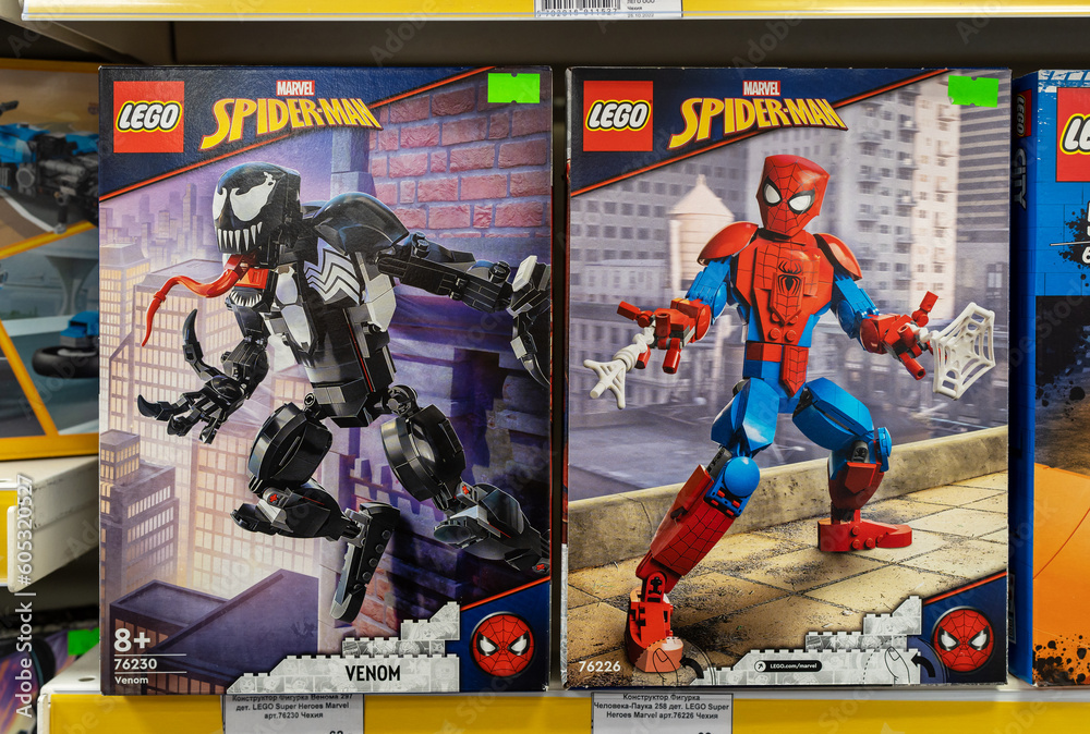 Lego Spiderman constructor game on shelf in a Toys store. Spider-Man is a  fictional superhero in American comic books published by Marvel Comics.  Minsk, Belarus, 2023 Stock Photo | Adobe Stock