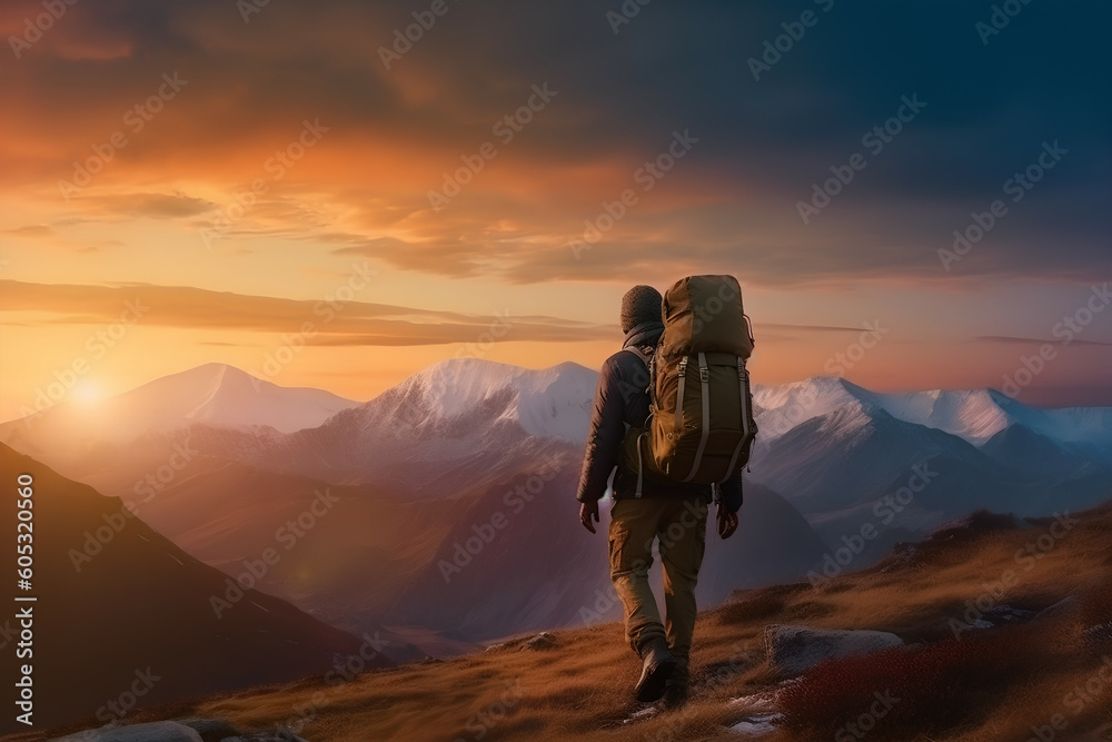 Adventurer hiking at sunset Mountaineer with backpack, Generative AI