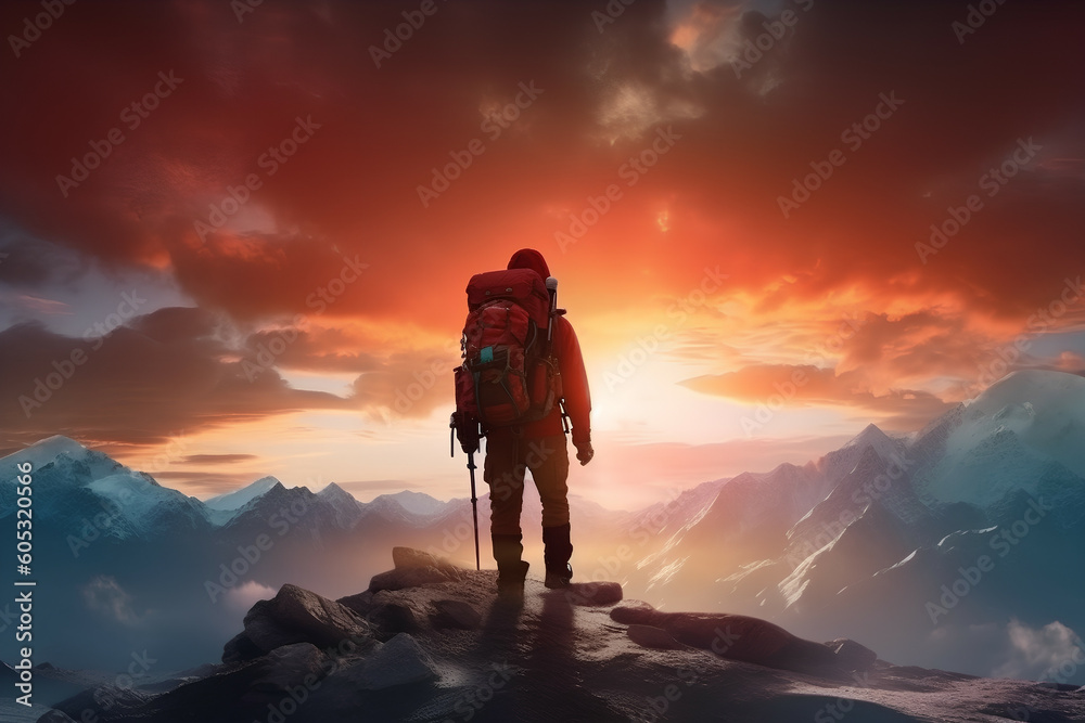 Adventurer hiking at sunset Mountaineer with backpack, Generative AI