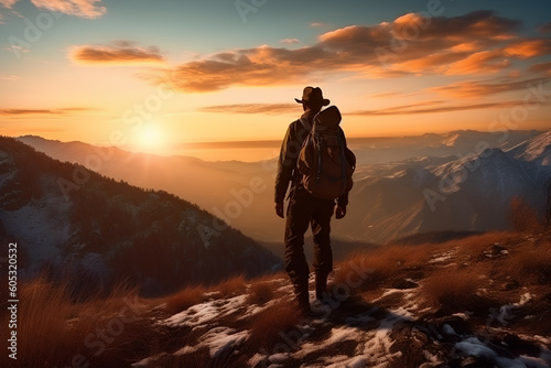 Adventurer hiking at sunset Mountaineer with backpack, Generative AI