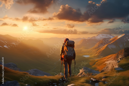 Adventurer hiking at sunset Mountaineer with backpack, Generative AI © spreephoto
