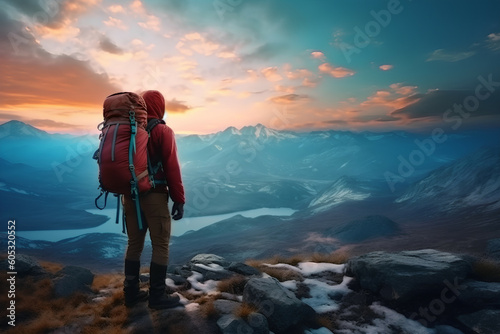 Adventurer hiking at sunset Mountaineer with backpack, Generative AI