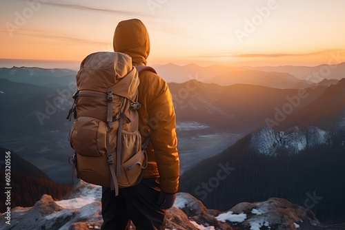 Adventurer hiking at sunset Mountaineer with backpack, Generative AI © spreephoto