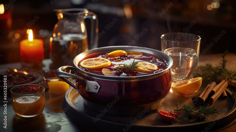 hot mulled wine cooked in two saucepan with spices, orange and cranberries on the table with Christmas fir twigs on a dark background hot mulled wine cooked in two saucepan with spices, orange and cranberries on the table with Christmas fir twigs on a dark background