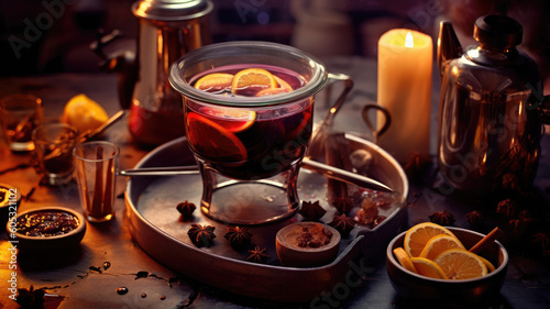 hot mulled wine cooked in two saucepan with spices, orange and cranberries on the table with Christmas fir twigs on a dark background