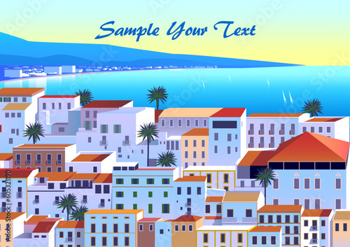Mediterranean romantic landscape with village in the first plan, sea and mountains in the background. Handmade drawing vector illustration. Can be used for posters, banners, postcards, books  etc.