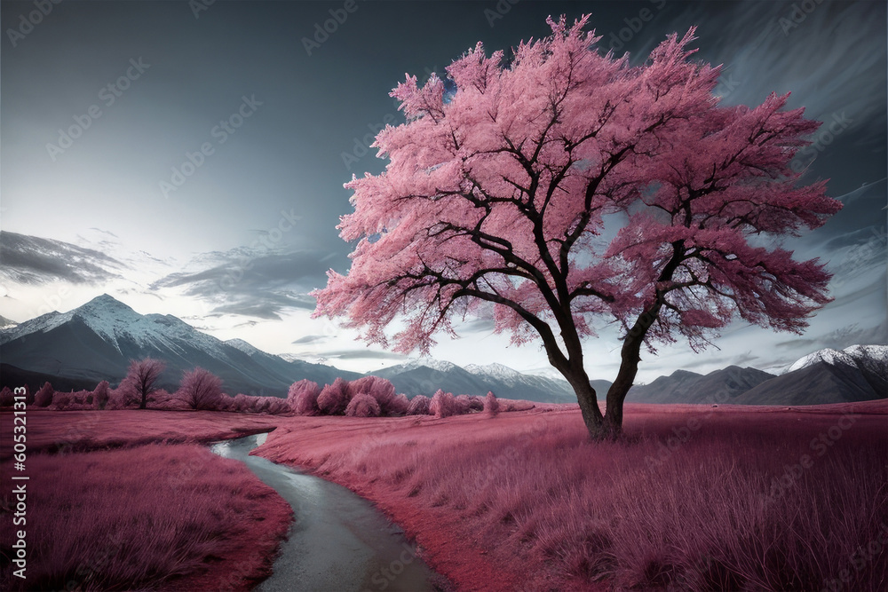 Beautiful pink tree in the meadow with mountains in the background. Generative AI