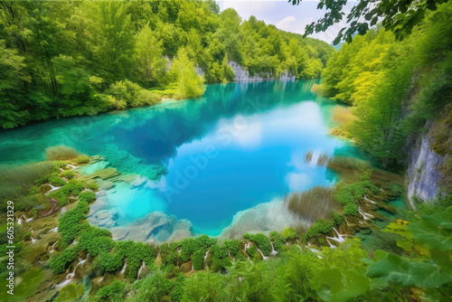Turquoise pond among the wooded area. Generative AI.